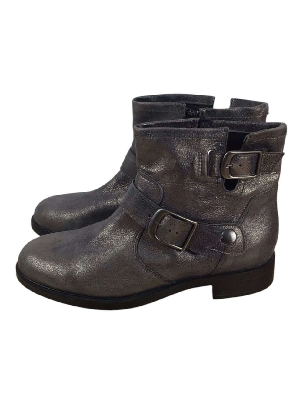 Bocage grey silver shiny ankle chelsea boot moto harness leather bikercore vegan
